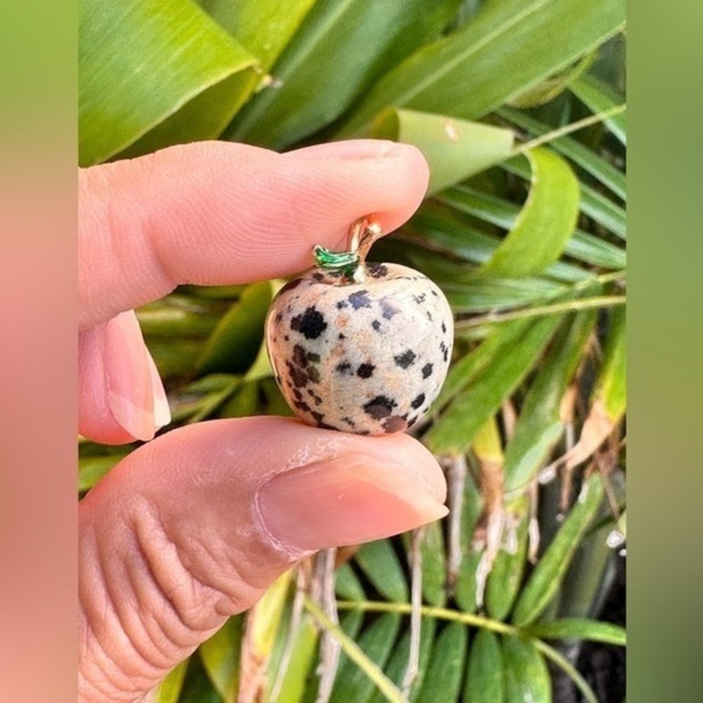 Dalmatian Jasper Gemstone Apple Pendant Gold Tone Healing Crystal Charm